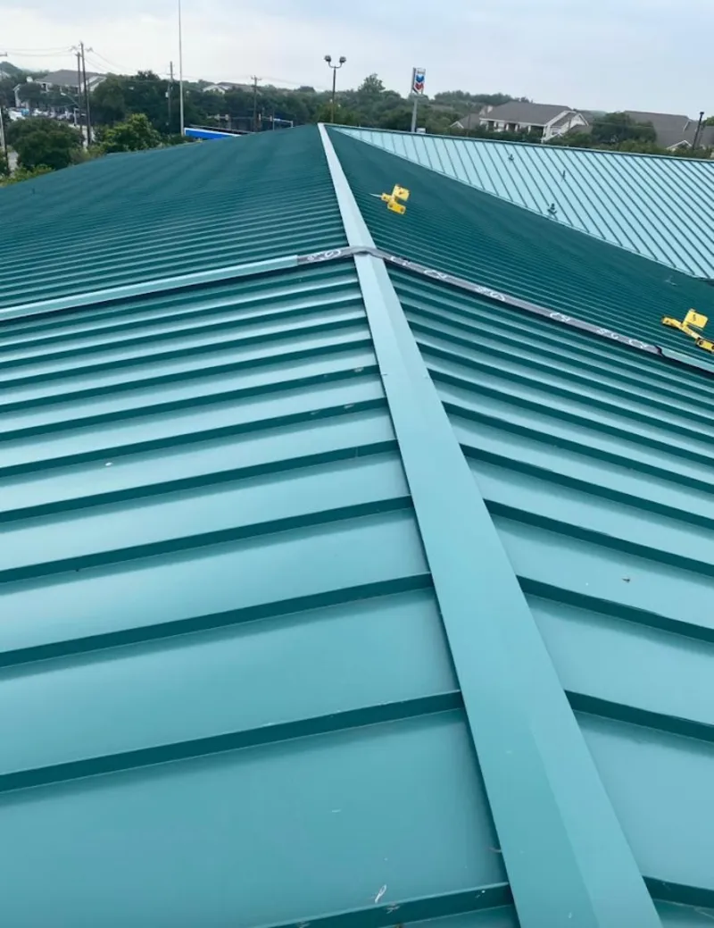 Green commercial metal roof ridge and valley for Metal Roof Repair in Turpin Hills